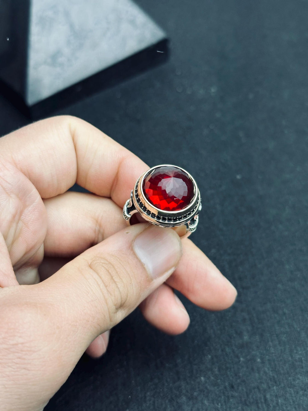 Ruby Men's Ring: Handmade Sterling Silver Jewelry (Round Red Gem)
