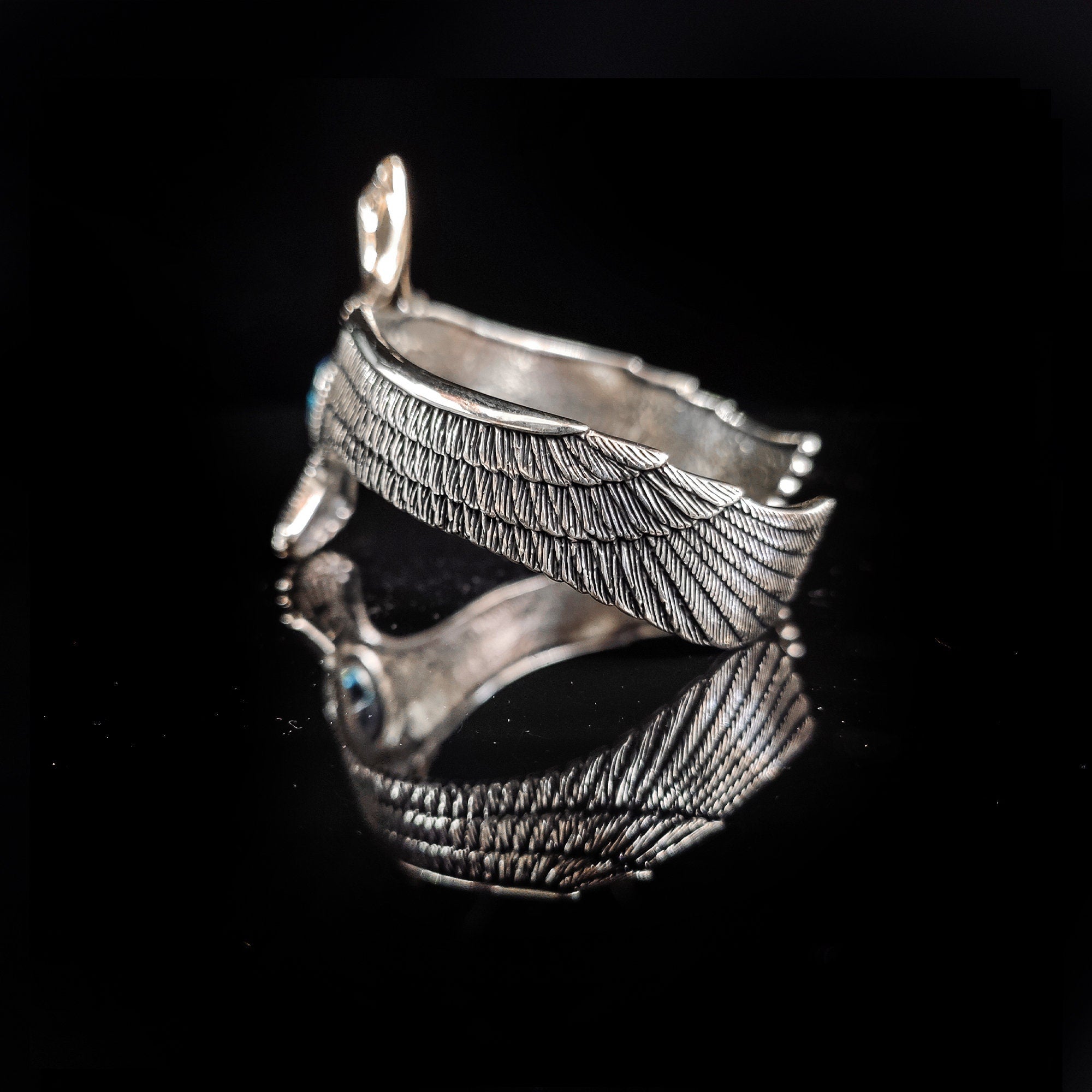 Silver Eagle Bracelet: Handmade Cuff with Aquamarine (Men's Jewelry)