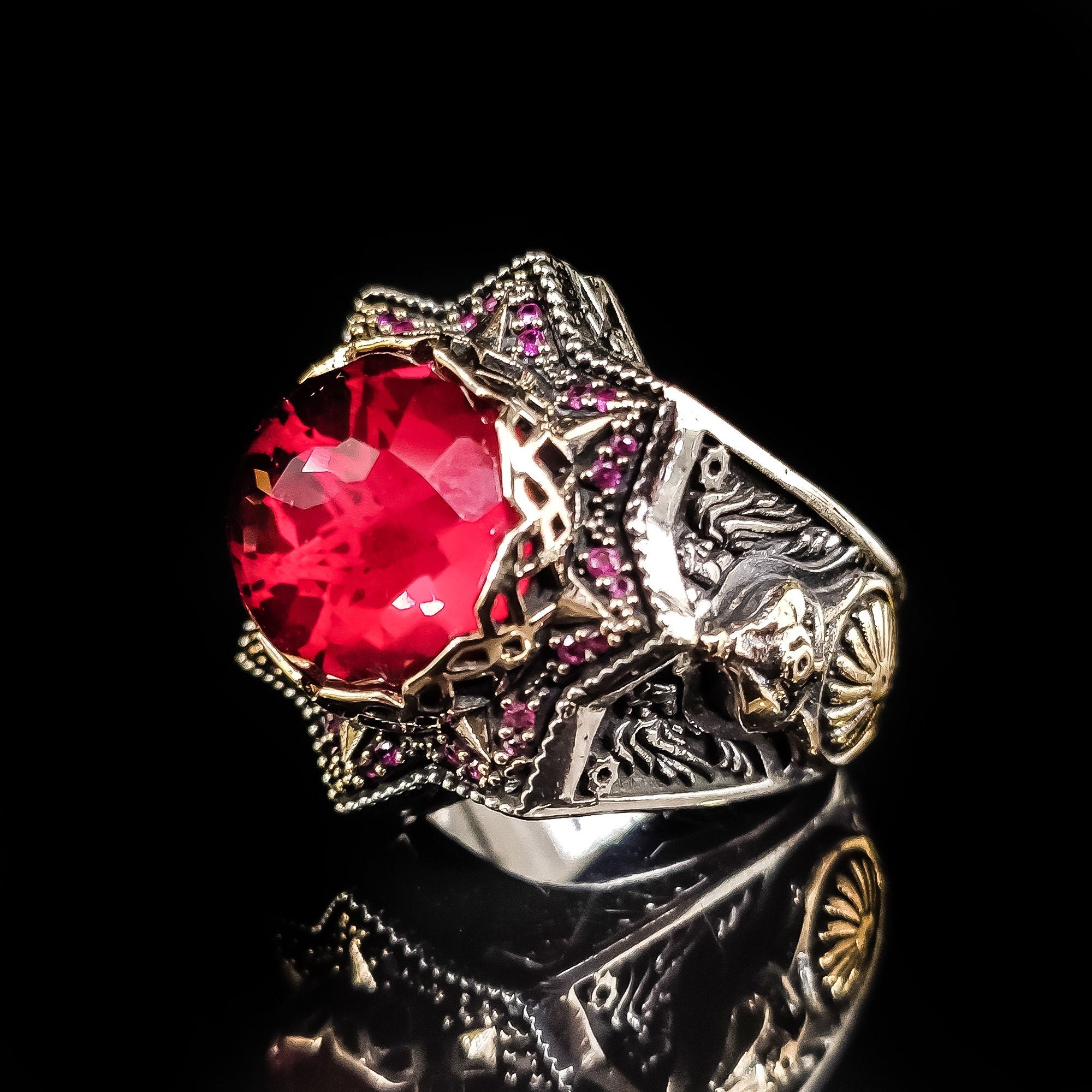 Ottoman Helmet Silver Ring, Red Zircon Accent (Men's Size)