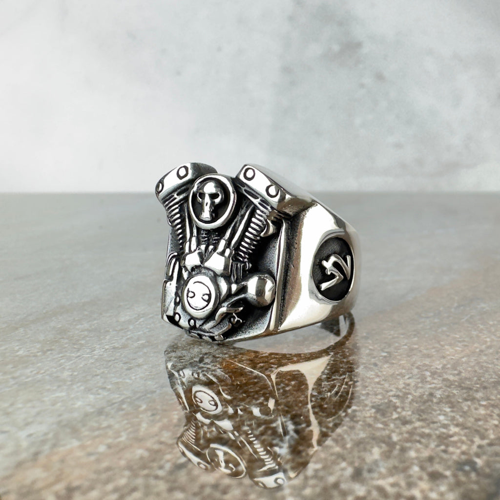 Engine Skull Motorcycle Ring: Handmade Sterling Silver