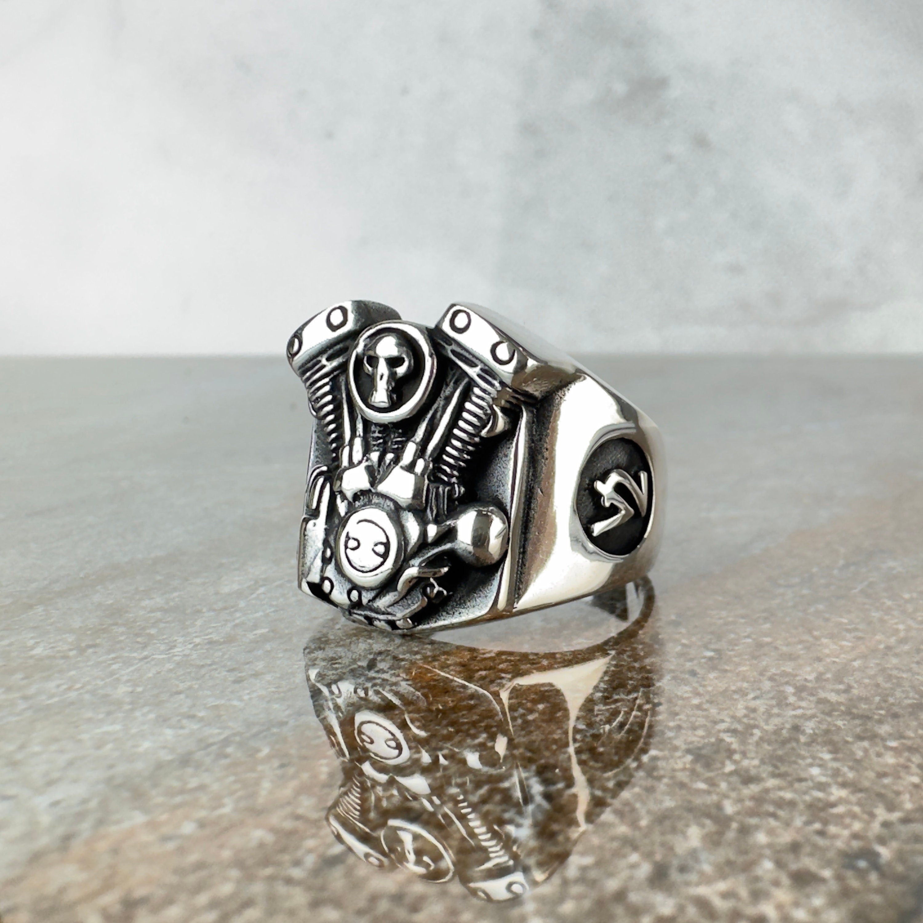 Engine Skull Motorcycle Ring: Handmade Sterling Silver