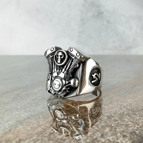 Engine Skull Motorcycle Ring: Handmade Sterling Silver