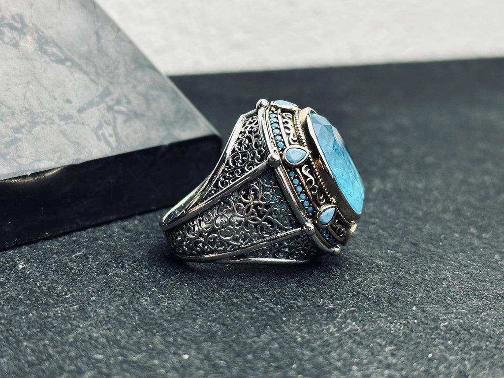 Aquamarine Statement Ring: Handmade Turkish Silver (Men's Size)
