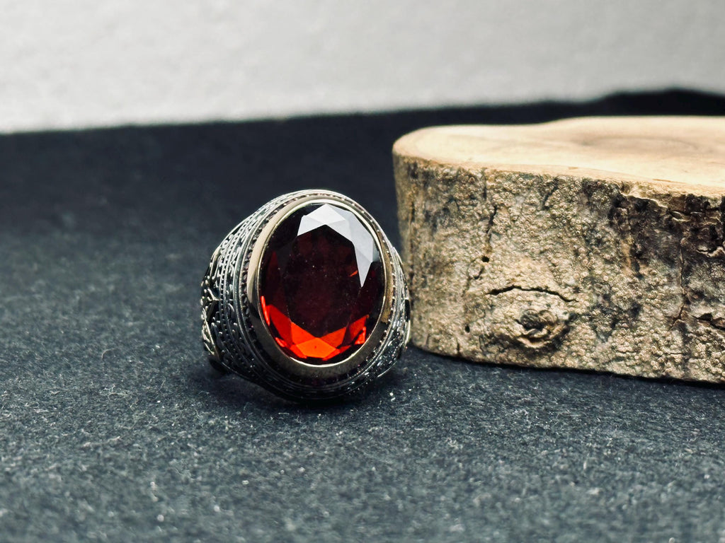 Sterling Silver Ruby Ring: Vintage Men's Signet (Handmade, Deep Red)