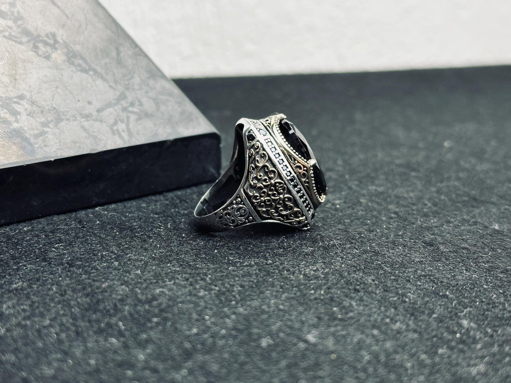 Black Zircon Men's Ring: Sterling Silver Zulfiqar Sword